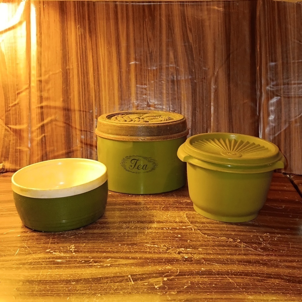 Vintage 1970s green farmhouse kitchen storage containers